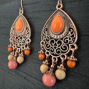 Bollywood Desi Boho Dangle Peach Orange Oxidized Rose Gold tone Jhumka Earrings